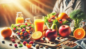 DALL·E 2024-08-11 12.30.05 - A vibrant and inviting blog banner image featuring various healthy options. The scene includes fresh fruits like apples, oranges, and berries, a bowl